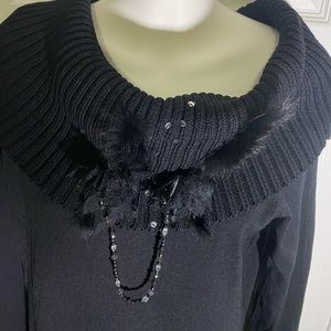 Dressy Black Cowl Neck Tunic Sweater with faux fur & jewels - 18” ptp